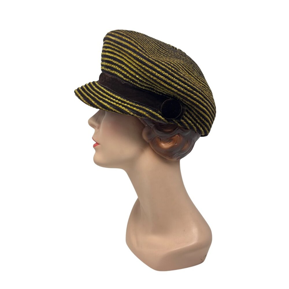 Vintage 50s Newsboy Hat Womens Striped Yellow Brown Knit Beret Cap - Picture 4 of 12